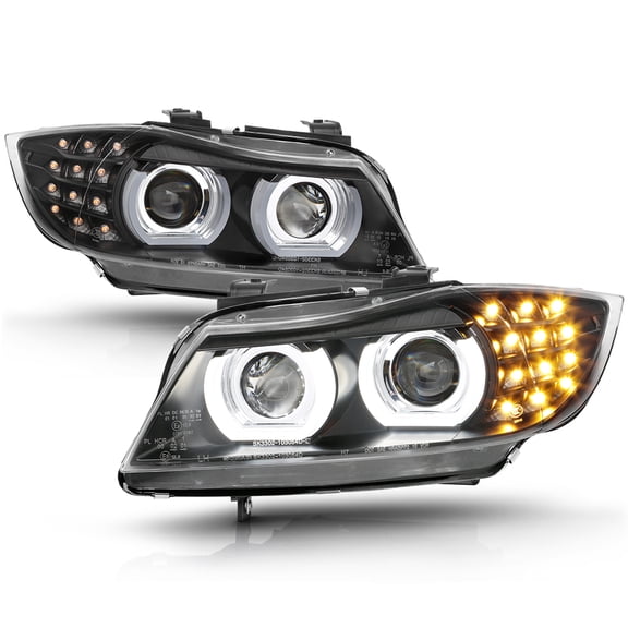 Black 2009-2011 BMW E90/E91 Halogen 328i Sedan LED 3D Halo Projector Headlights