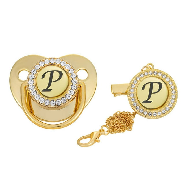 DPTALR Baby Pacifier 26 Letter Name Initials Clip Silicone Baby Pacifier Golden Shiny Newborn Pacifier