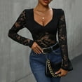 thumbnail image 2 of JGGSPWM Women's Sheer Floral Lace Long Sleeve Bodysuit: V Neck Slim Fit Bottom Shirts for Elegant Comfort Black S, 2 of 8