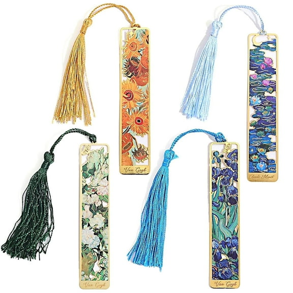 4 Pcs Metal Bookmarks with Tassel, Oil Painting Theme Book Markers for Bible Book Accessories, Golden Hollow Book Marks for Book Lovers, Reading Men Women, Writers, Readers