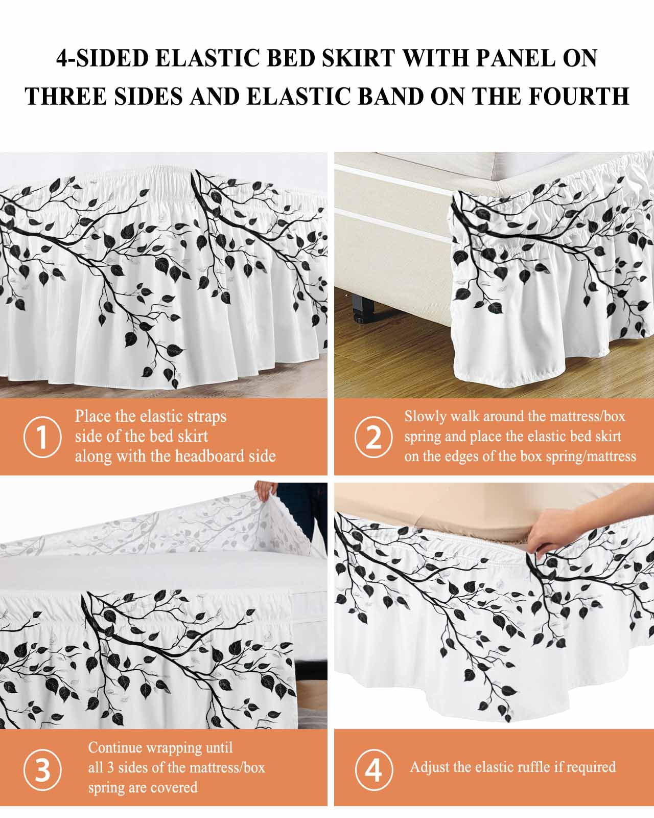 Black Botanical Wrap Around Bed Skirts for Queen Bed 18" Drop, Bed Skirt with Adjustable Elastic Belt Dust Ruffle Bed Valance for Bedroom Hotel Luxury Watercolor Summer Botanical Bed Frame Cover
