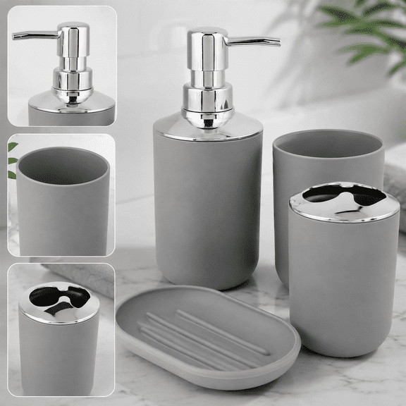 THDFTDT Gray Plastic Bathroom Accessory Set with Soap Dispenser, Toothbrush Holder, Tumbler and Soap Dish, 4 Piece