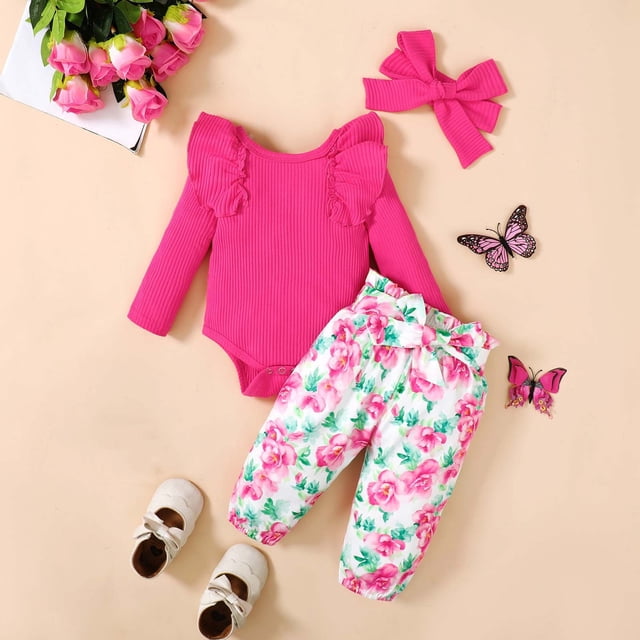Yuyuzo Baby Girl Clothes Infant Newborn Ruffle Outfit 2 Piece Fall Winter Spring Ribbed Knit Tops Pants Set Cute Headband
