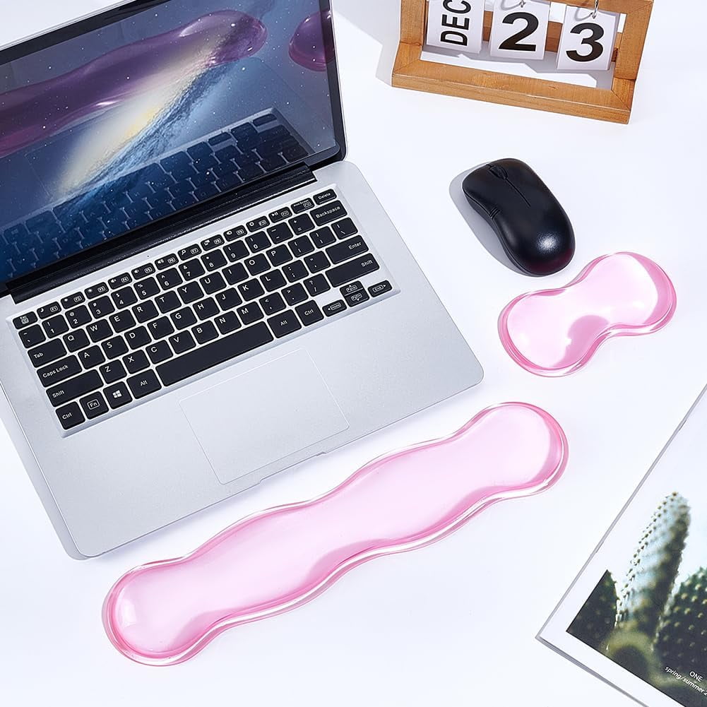 2Pcs 2 Styles Silicone Wrist Rest for Keyboard and Mouse Clear Gel Keyboard and Mouse Wrist Rest Set Desk Pads Support Hand Pink