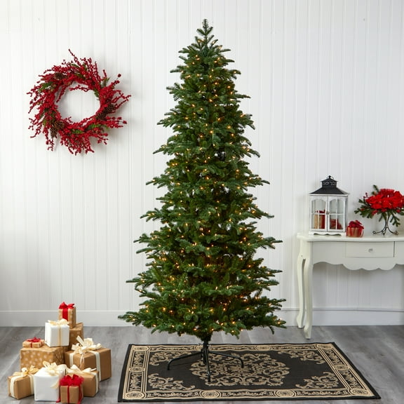 Nearly Natural Clear Prelit LED Green Decorated Fir Christmas Tree, 8'