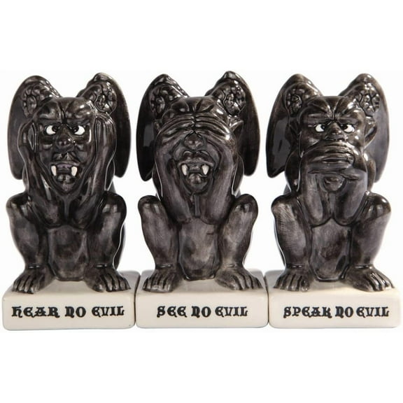 Trio Gargoyles See Hear Speak no Evil Salt Pepper Shakers and Toothpick Holder