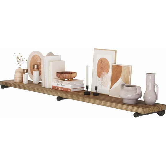 Wallniture Pipe 72" Long Rustic Floating Wall Shelf, Book Shelf for Wall, Industrial Pipe Shelving for Bedroom, Office and Living Room Decor, Burnt Finish, Real Wood