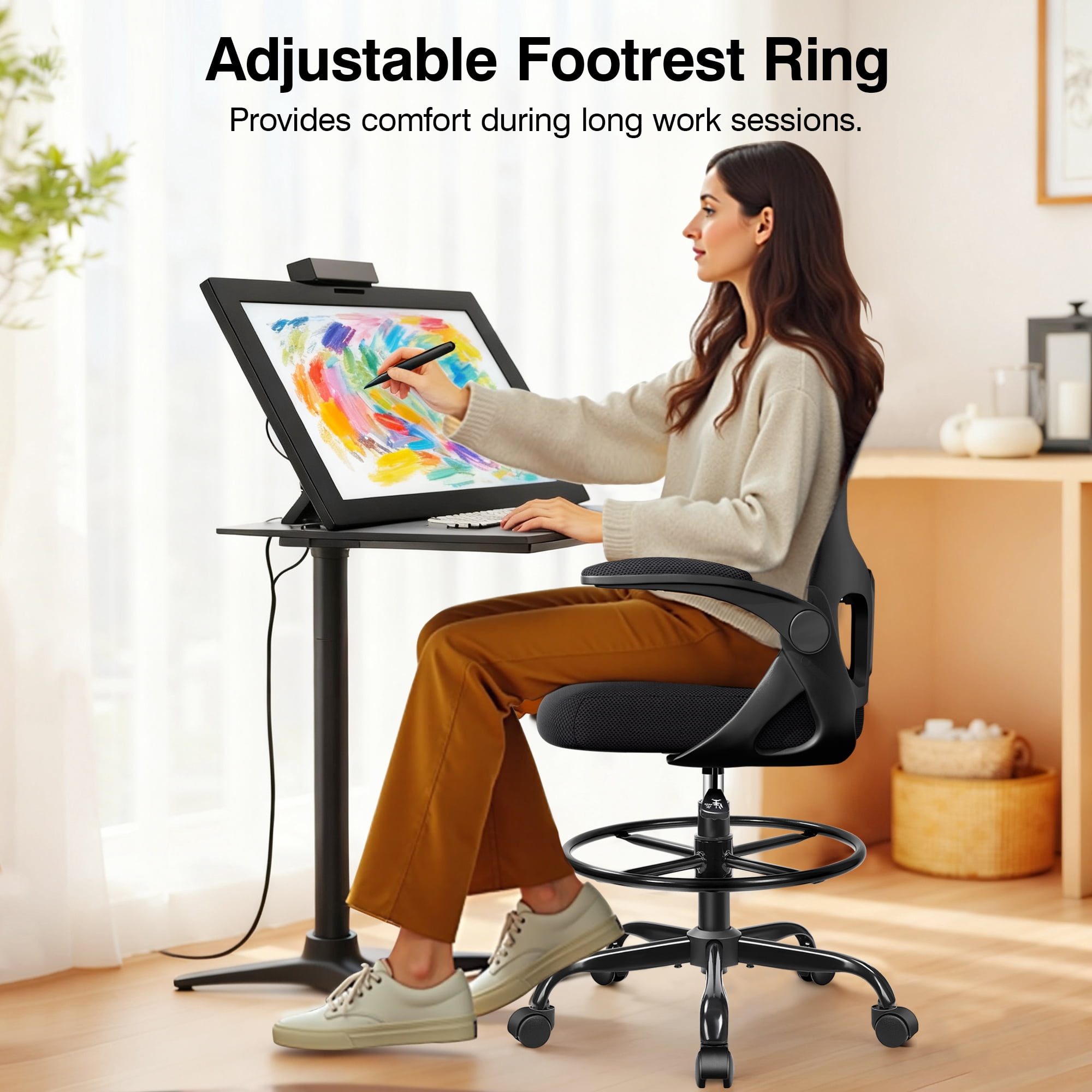 ATHOPE Office Chair Ergonomic Desk Chairs, Mesh Computer Chair with Flip-up Armrests, Adjustable Home Office Desk Chair with Lumbar Support Footrest Ring for Standing Desk, Black