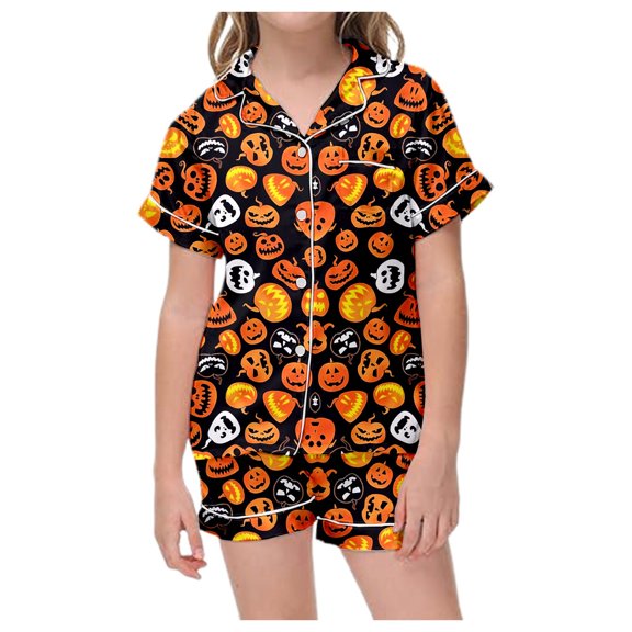 Halloween Pajamas Kids Size 5-6 Years Childrens Casual Loungewear Short Sleeve Top and Shorts Cozy Set Pjs for Girls Black