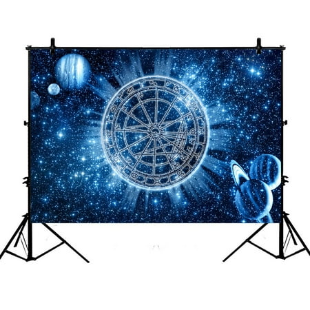 Image of PHFZK 7x5ft Blue Galaxy Backdrops Space Zodiac Wheel and Planets Photography Backdrops Polyester Photo Background Studio Props