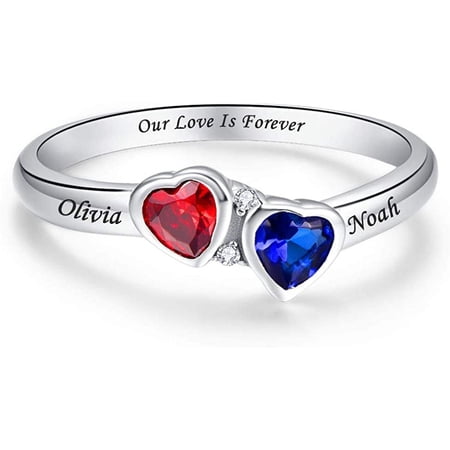 Personalized 925 Sterling Silver Mothers Rings with 2 Heart Cut Simulated Birthstones Customized Name Rings Promise Ring with 2 Names