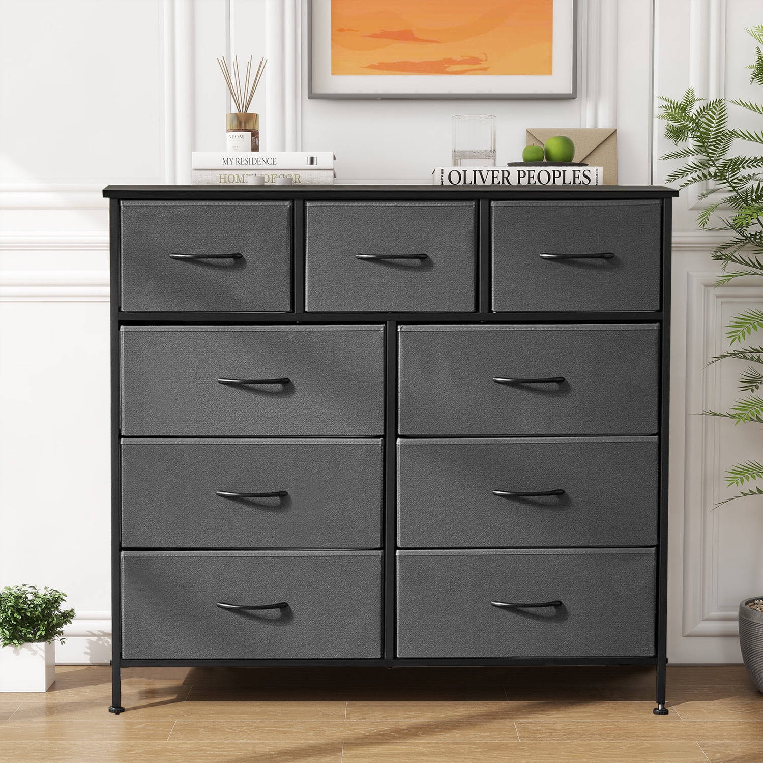 9-Drawer Fabric Dresser with Wood Top - Compact Storage Organizer for Bedroom, Closet, Grey