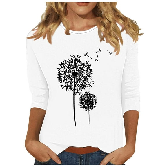 fatyb Women's 3/4 Sleeve Shirts Casual Crew Neck Printed Tops Loose Spring Summer Blouses for Women