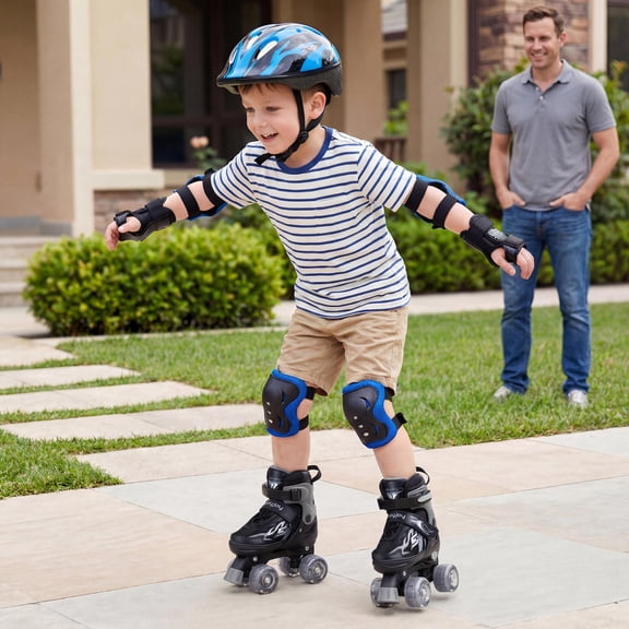 Kids Adjustable Quad Roller Skates with Light-up Wheels, Abec-7 Bearings, Brake System, Black