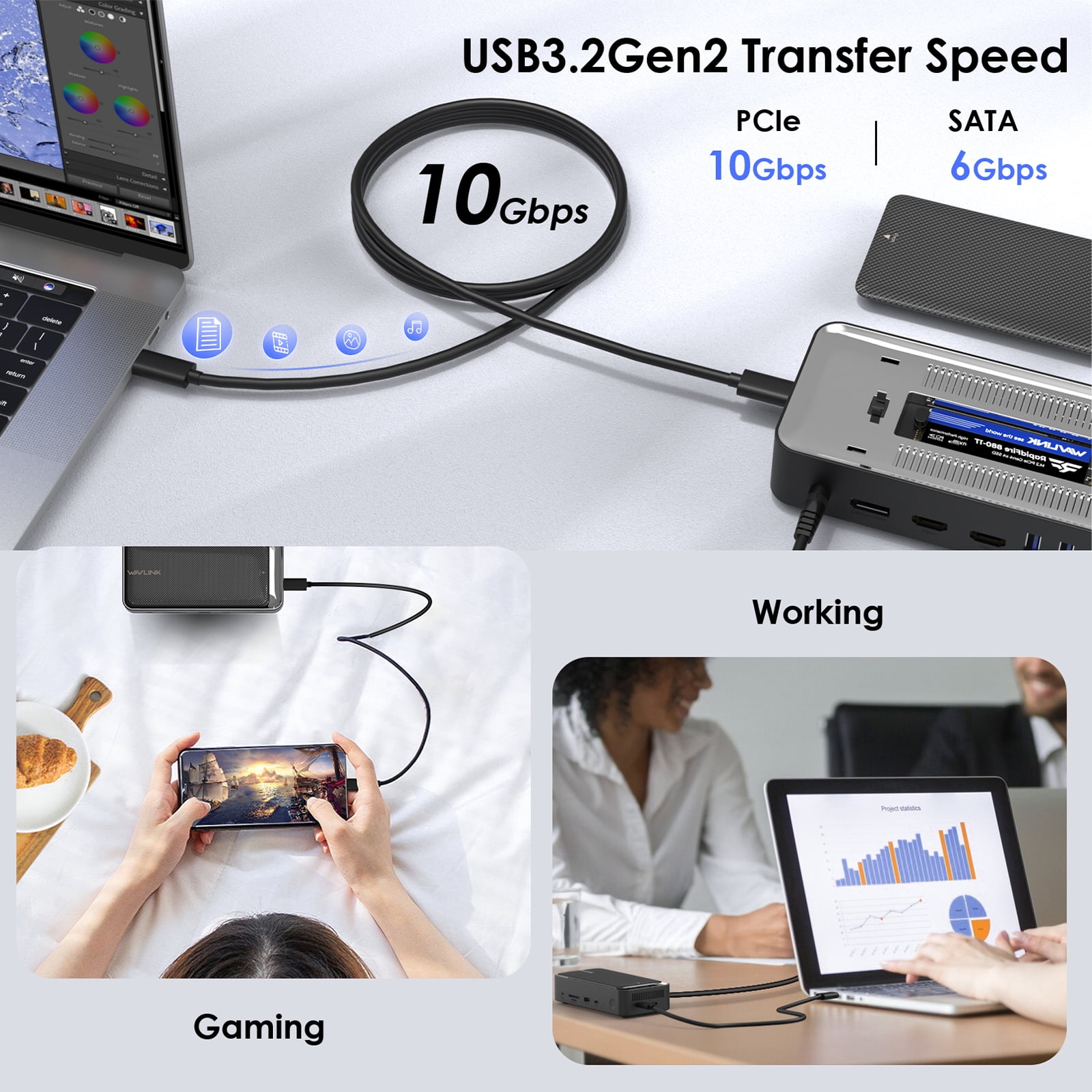 13-in-1 USB C Dock with 100W charge 4K HDMI/DP Gigabit RJ45, 10Gbps USB HUB SSD Enclosure for Laptop