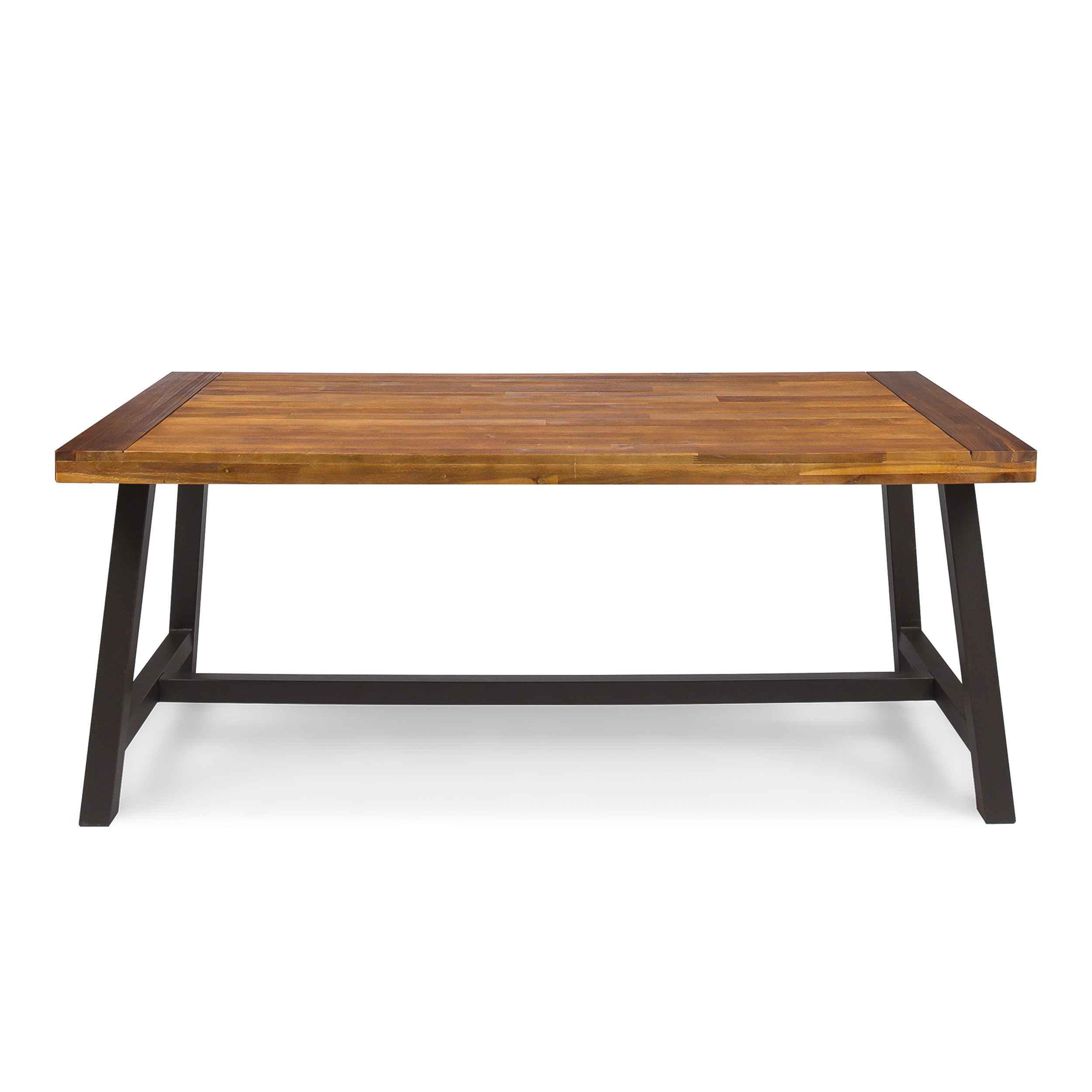 Dining Table, Outdoor Carlie Sandblast Finished Dining Table with Rustic Metal Legs for Patio Garden, Natural