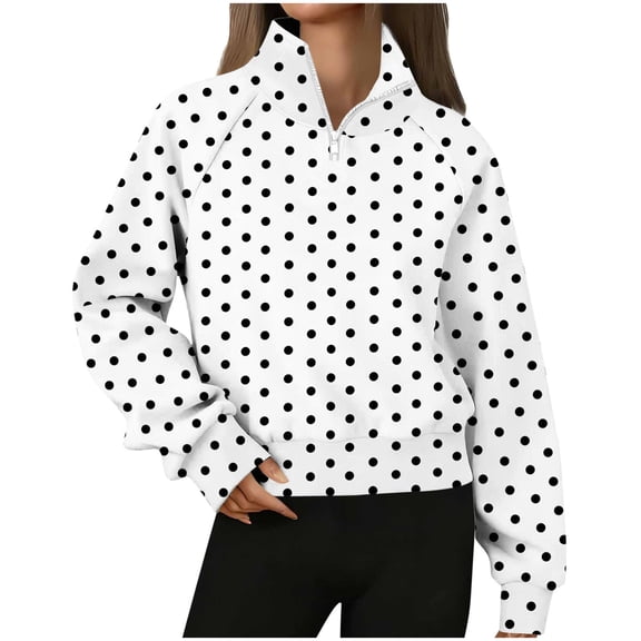 Womens Quarter Zip Sweatshirts 2026 Trendy Polka Dot Long Sleeve Stand Collar Tops Loose Fit Casual Spring Outfits