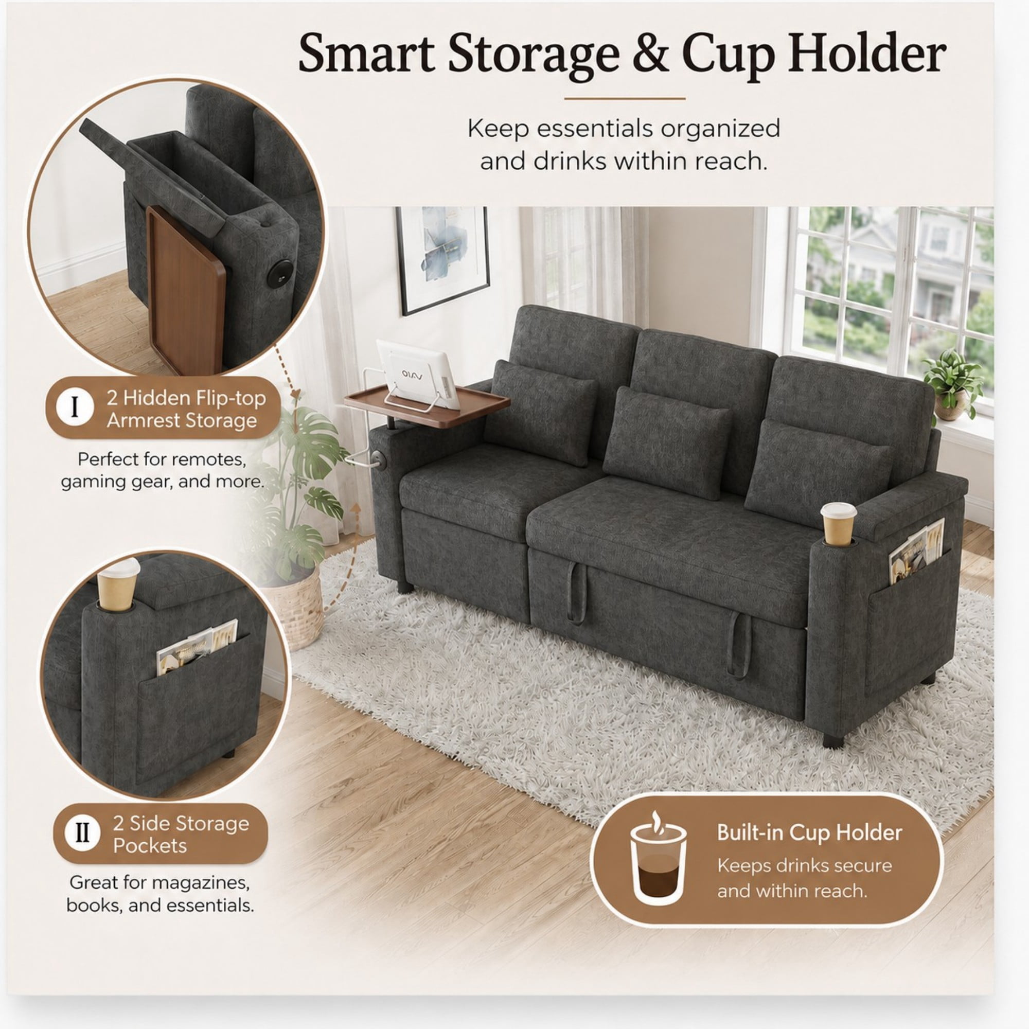 DEALTOPS 81" Chenille Pull-Out Sleeper Sofa Bed with Recliner, Tray Table, USB Ports & Storage, Dark Gray