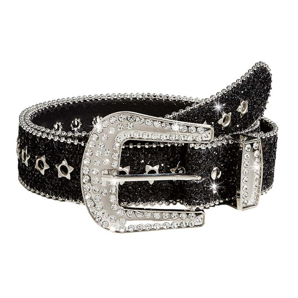 Cinturón de piel sintética con diamantes de imitación y hebilla de púas para mujer Negro