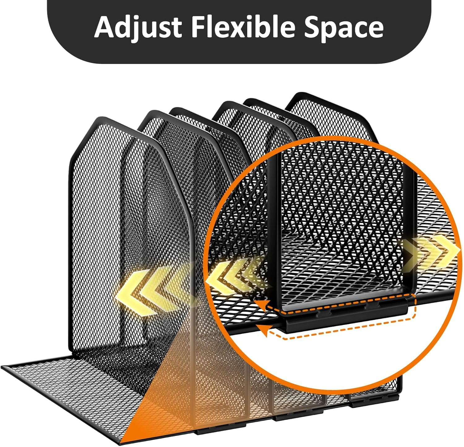 Desk File Organizer Adjustable 5 Sections Upright Desktop Organizer Sorter Sturdy Metal Mesh Vertical Bookshelf Holder Workspace Accessories for Home School Office Classroom Black
