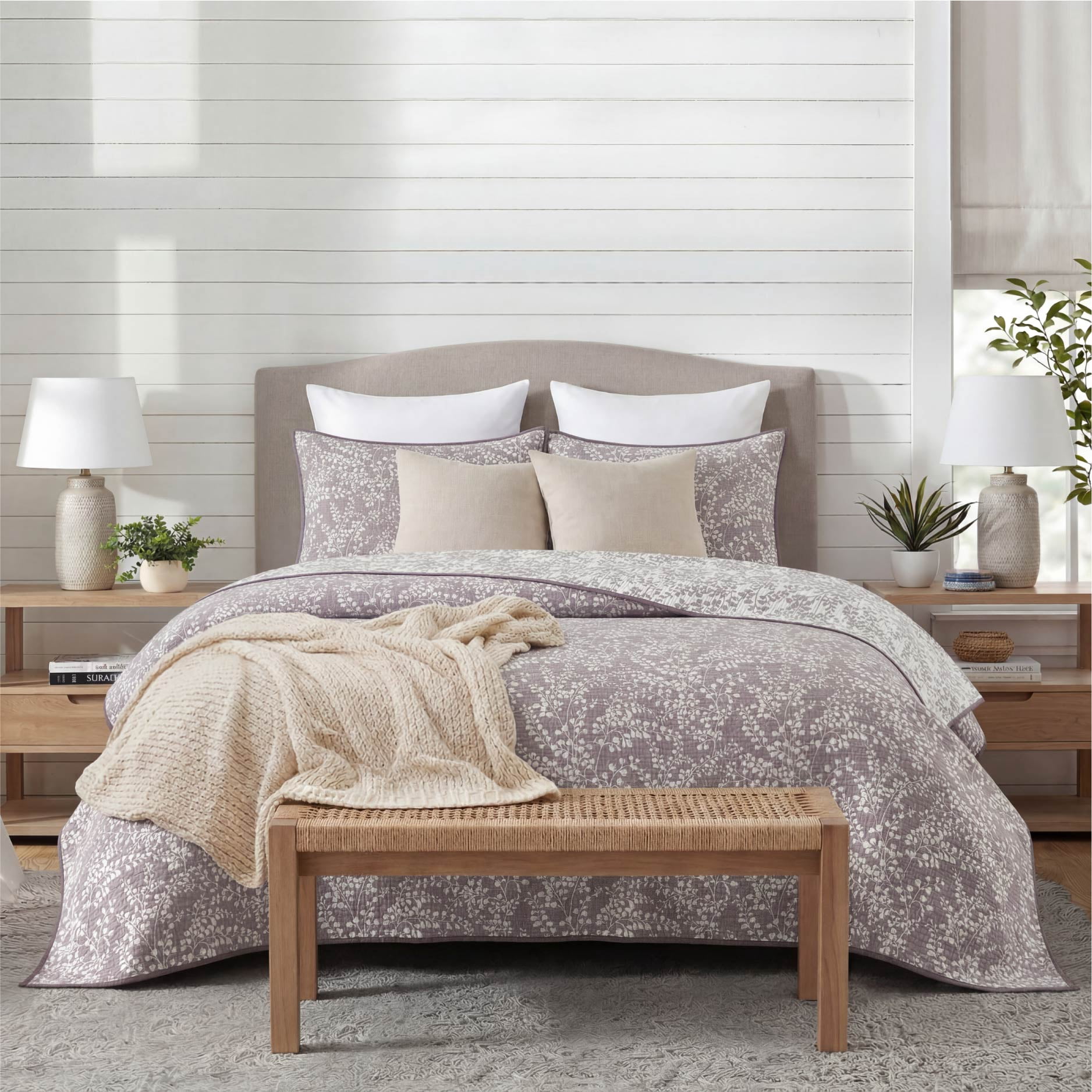 Mainstays Botanical Floral Stitched Pillow Sham, Standard, Light Purple, 1 Pack