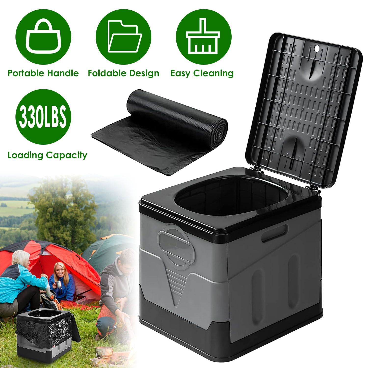 Portable Toilet with Carry Bag, Foldable Toilet with Lid Trash Bags for Car Indoor Outdoor Commode Travel, Camping, Tent, Hiking, Boating
