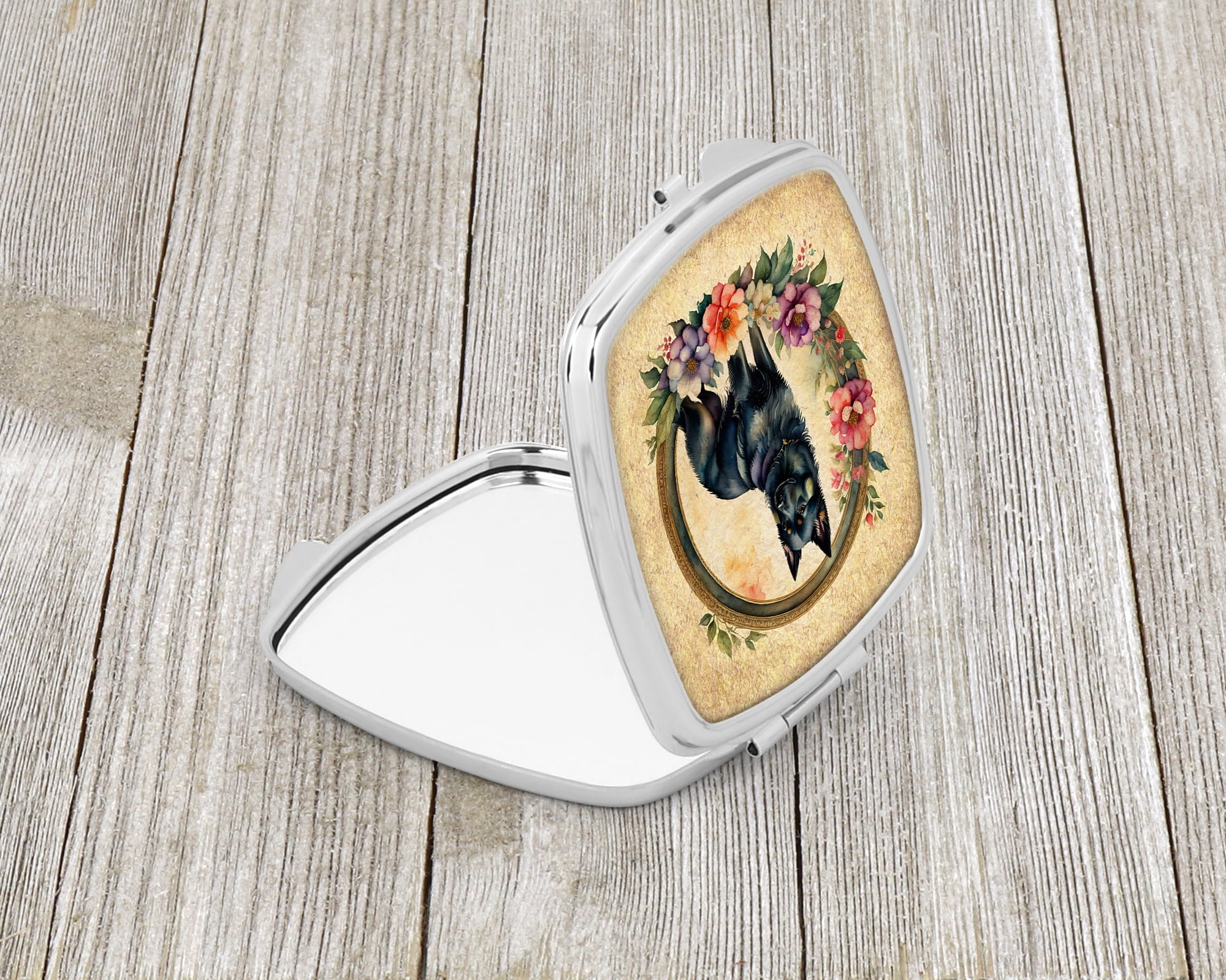 Schipperke and Flowers Compact Mirror 2.75 in x 3 in