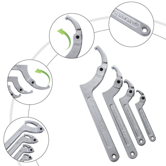 Adjustable C Pin Spanner Hook Wrench Set, 4-Piece, Chrome Vanadium Steel, Multiple Size Range for Nut or Bolt Turning