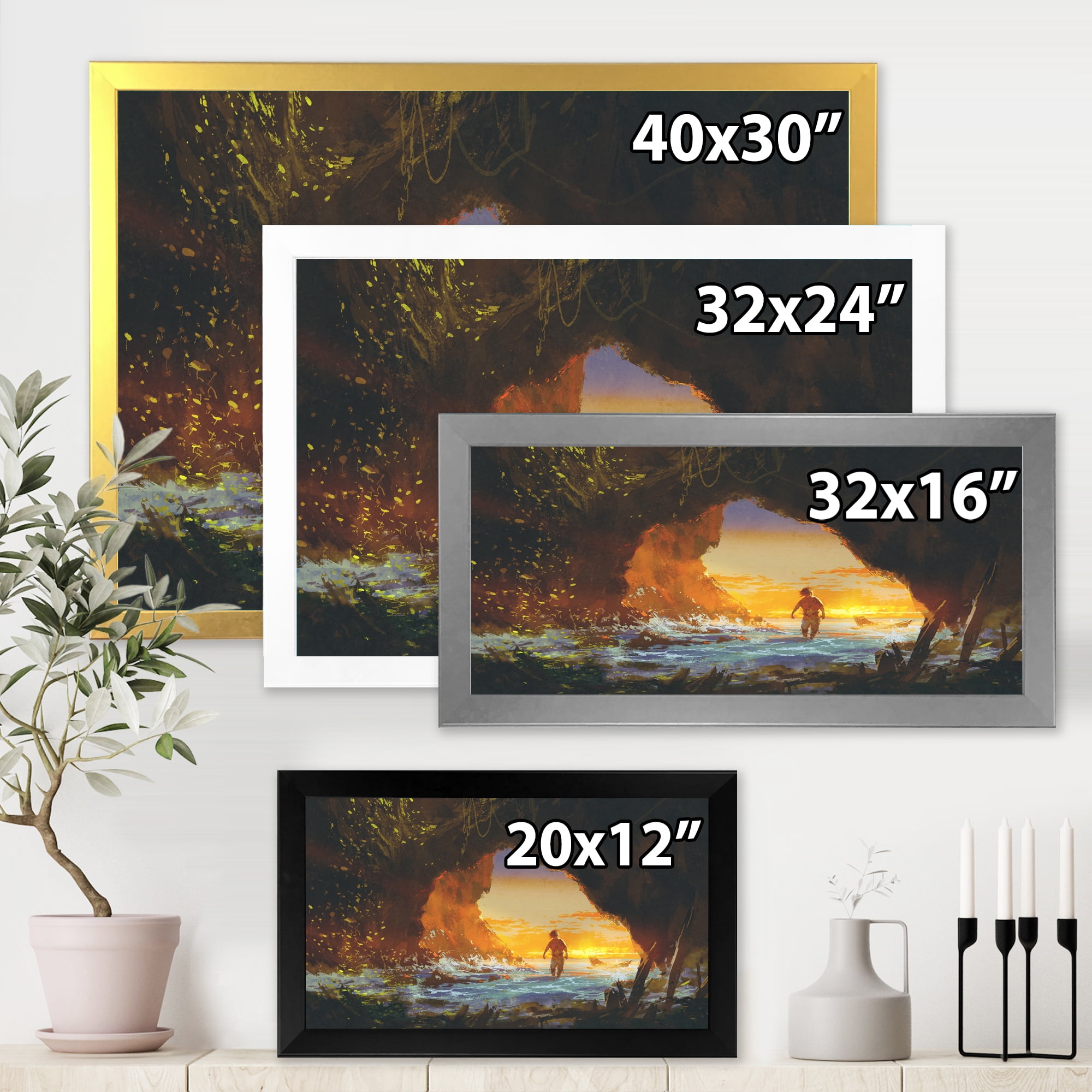 Designart 'The Sea Cave At Sunset With The Man Walking In' Nautical & Coastal Framed Art Print