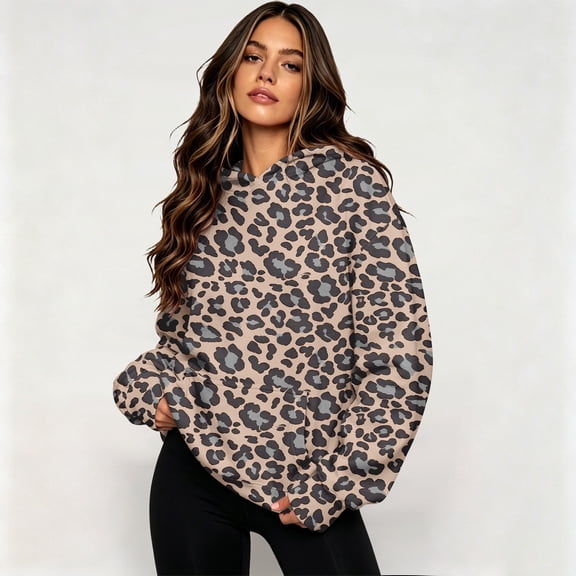 HCYSFG Womens Leopard Print Hoodie Long Sleeve Drawstring Hood Pullover Kangaroo Pocket Relaxed Fit Casual Fall Sweatshirt