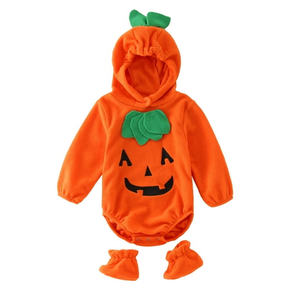 DQRPSEETB Toddler Boys Girls Long Sleeve Striped Halloween Pumpkin Romper Hat Soft Hooded Bodysuit Shoes Set 0 to 2T for Autumn and Winter