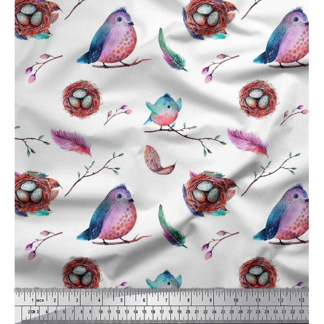 Soimoi Polyester Crepe Fabric Nest,Feather & Artistic Bird Printed Fabric 1 Yard 42 Inch Wide