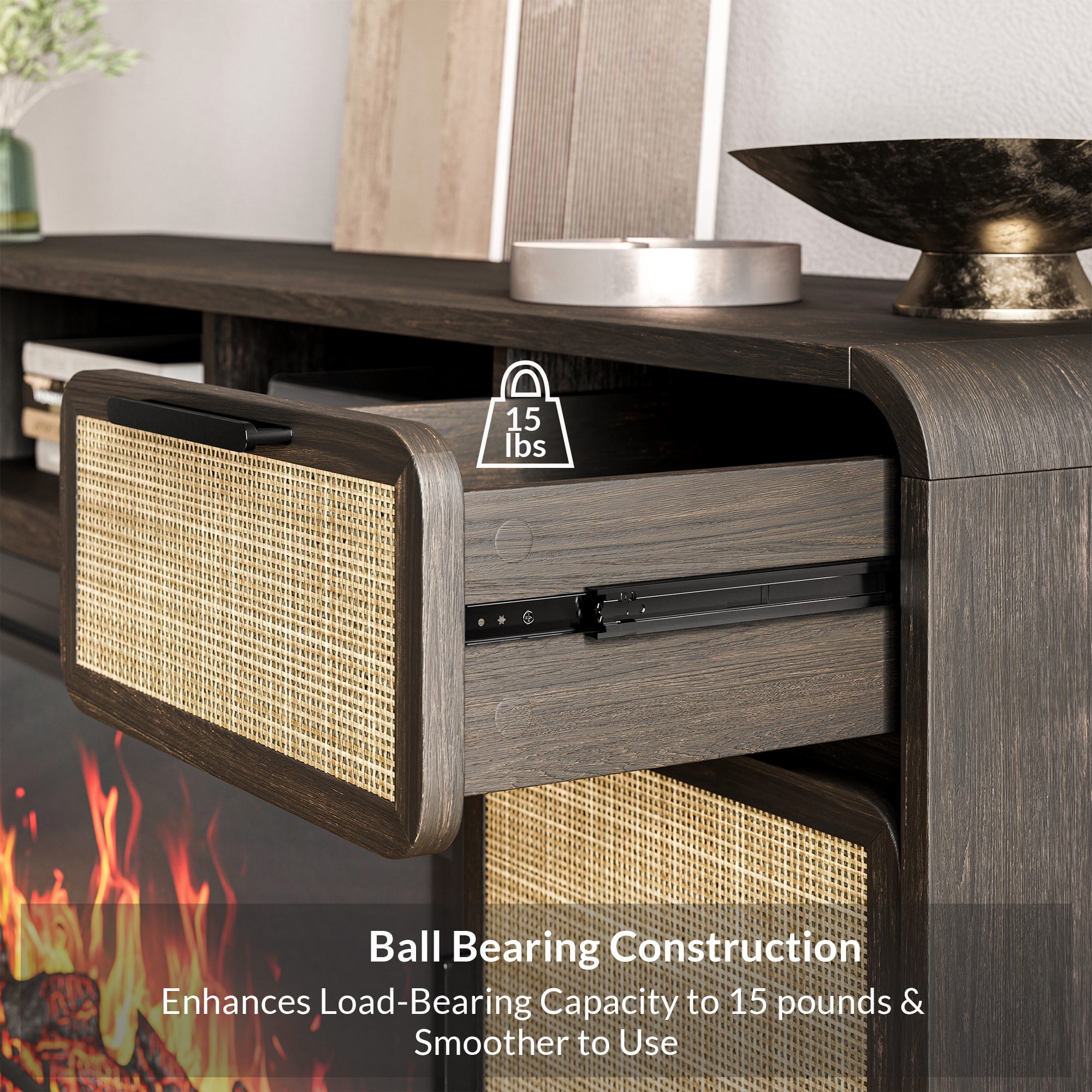 BELLEZE 68" TV Stand for TV Up to 75", Entertainment Center with 36" Electric Fireplace Heater, Rattan Decorated Console Table Storage Cabinet for Living Room, Bedroom - Bower(Brown)