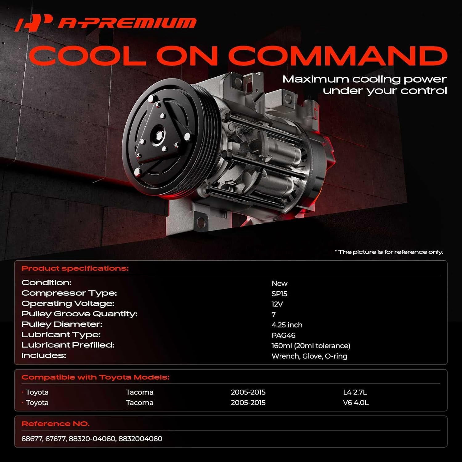 A-Premium A/C AC Compressor with Clutch Compatible with Toyota Tacoma 2005-2015, Replace# 68677, 88320-04060