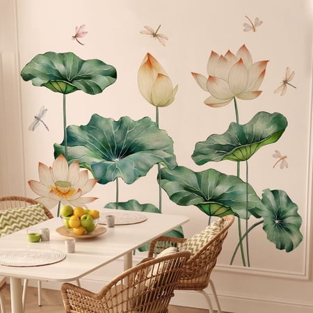 Large watercolor lotus wall stickers, lotus flowers, dragonfly stickers Peel and Stick Wall Art Decals for Bedroom Living Room Offic Plant Wall Art Stickers for Living Room Bedroom Nursery Wall Decor