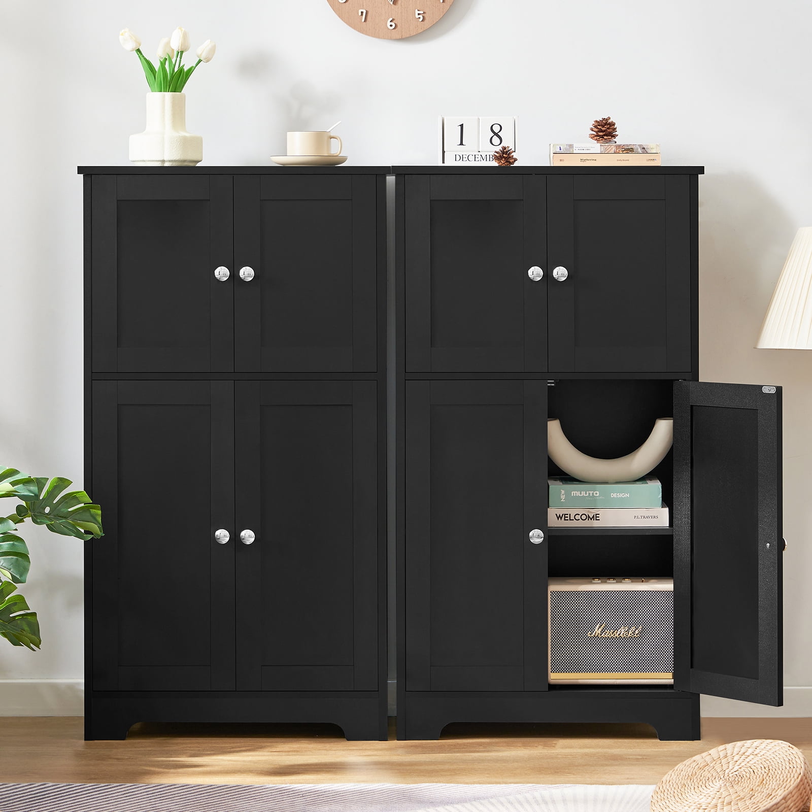 TEENFON Black Storage Cabinet with 2 Adjustable Shelves & 4 Doors, Freestanding Bathroom Storage Cabinet, Cupboard, Floor Cabinets for Living Room, Entryway, Home Office
