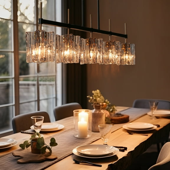 LNC 5-Light 1-Tier Modern Linear Chandelier Black and Gold Hardwired with Ripple Glass Shades