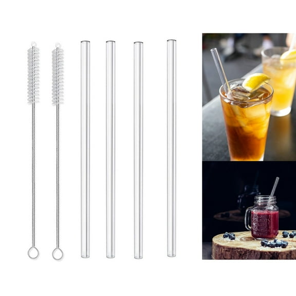 4Pcs Durable Glass Straws,7.8x0.3In Clear Reusable Straight Straws with 2 Cleaning Brushes for Milkshakes,Shatter Resistant Straws for Milk Tea,Juices
