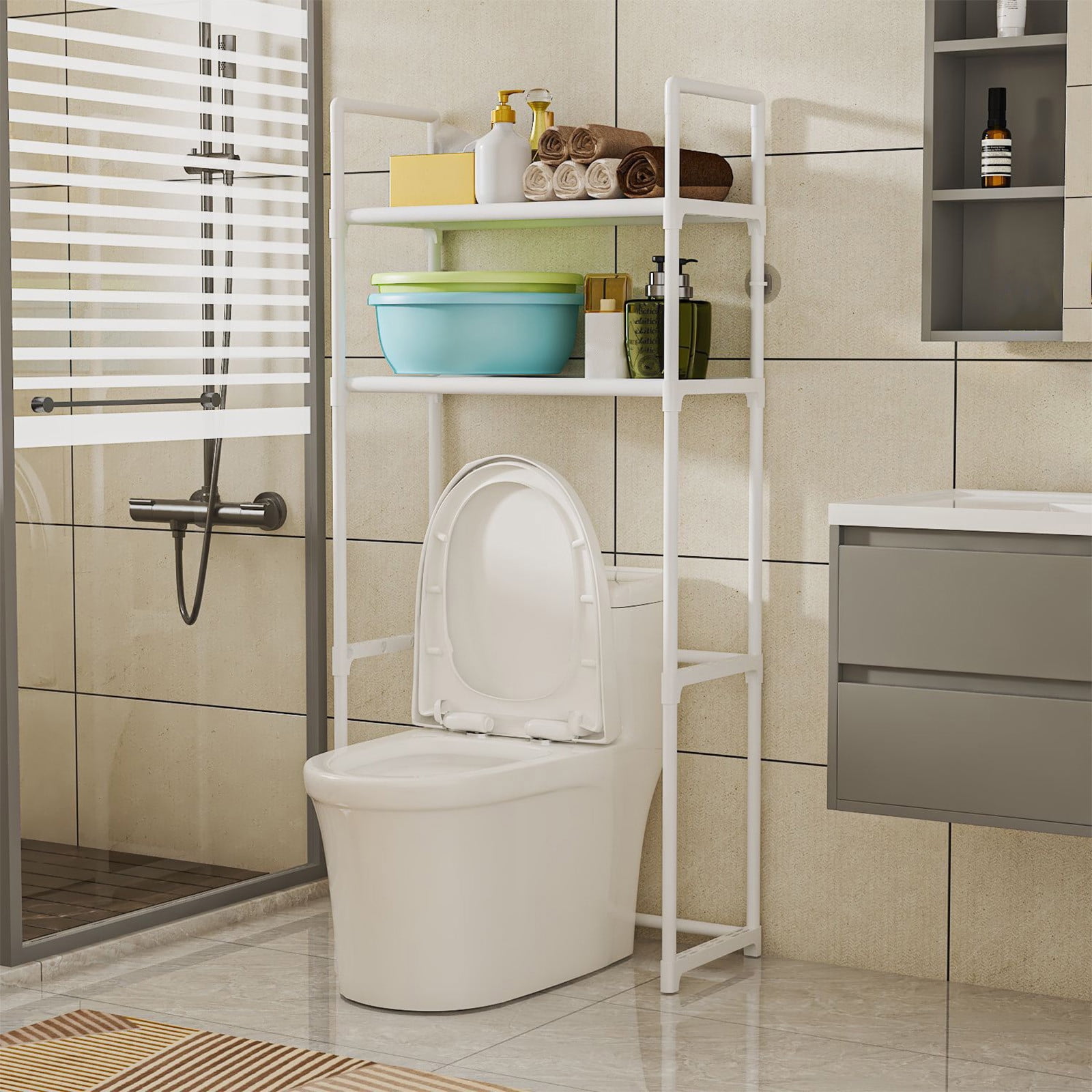 Tgbvmt 2-Layer Stainless Steel Storage Rack Above Toilet 50 In Space Saving Organizer For Shampoo Towels Hair Dryers Detergents Washing Machine Balcony Home Bath Decor Storage Racks