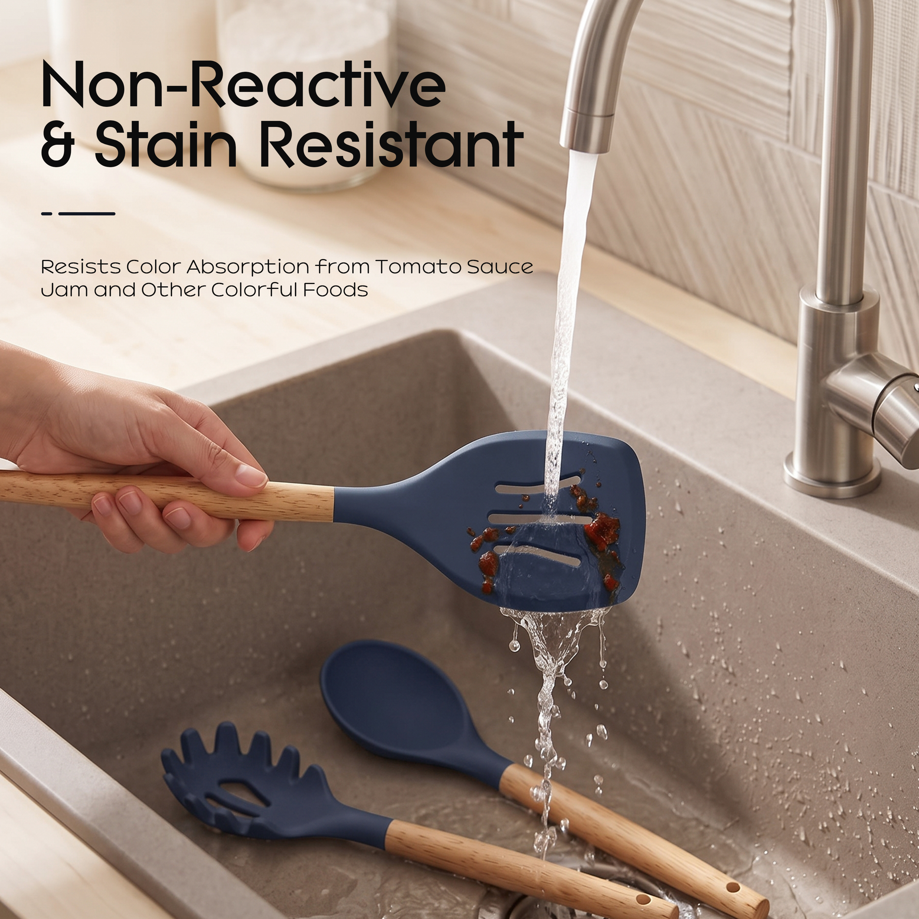 oannao 14-Piece Silicone Utensil Set with Wooden Handles, Navy photo 2