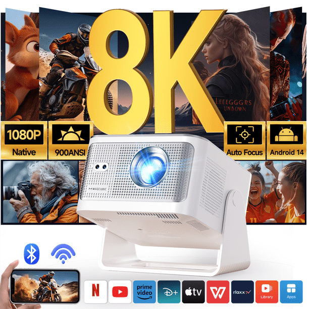 Magcubic Proyector HD Completo de 8K Compatible con 1080P Nativo, Proyector de Películas con Enfoque y Teclado Automático de 900 ANSI Lumenes con WiFi 6 y BT 5.4, Android 14