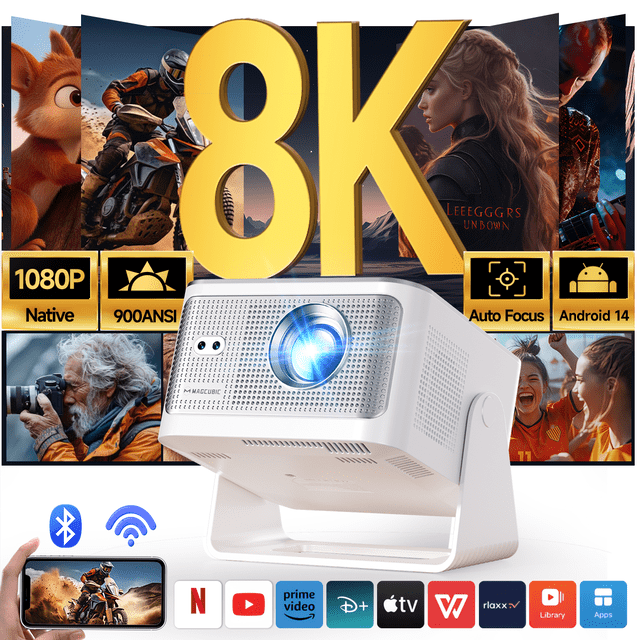 Magcubic Proyector HD Completo de 8K Compatible con 1080P Nativo, Proyector de Películas con Enfoque y Teclado Automático de 900 ANSI Lumenes con WiFi 6 y BT 5.4, Android 14