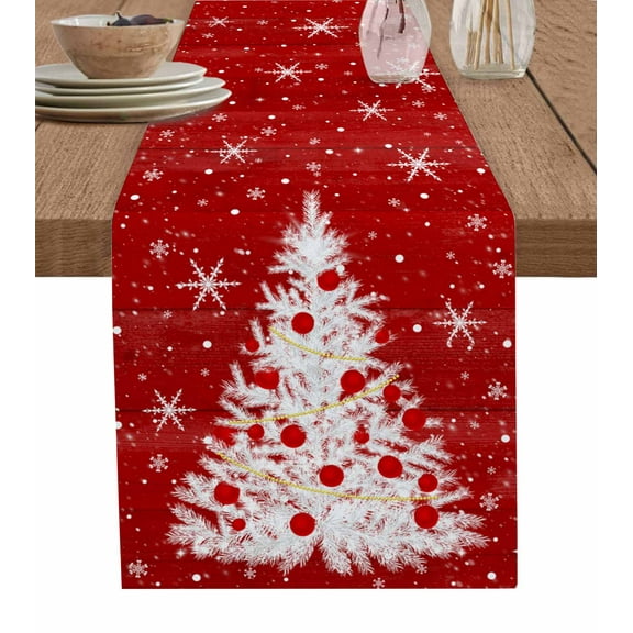 Table Runners 108 Inches Long Dress Scarves, Red Christmas Tree Farmhouse Coffee/Dining/Kitchen Table Runner for Living Room, Vintage Balls Snowflake Xmas Tree 13x108 Inch