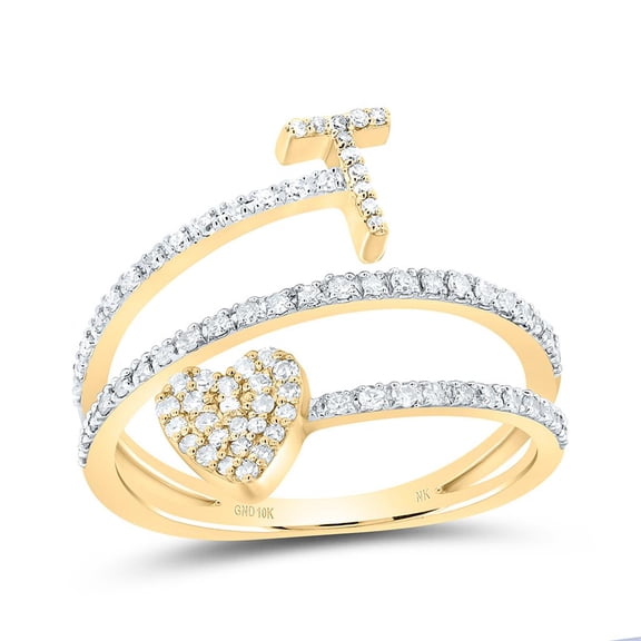 14K Yellow Gold Diamond Women's Block Letter T Initial & Heart Wrap Ring 3/8 CT