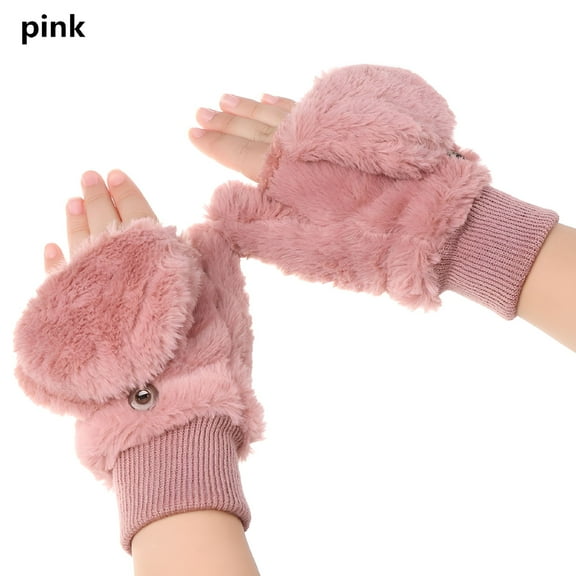 TELOLY Women Girls Windproof Soft Stretch Winter Plush Mittens Thicken Warm Flip Type Gloves Faux Fur Gloves