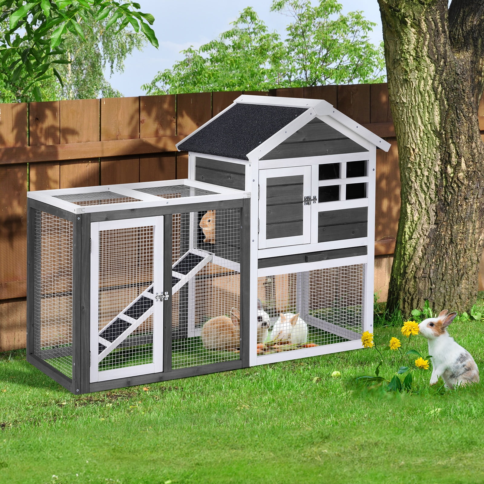 Wooden Rabbit Hutch Outdoor Chicken Coop Indoor Bunny Cage with Run, Guinea Pig House Pet House with Pull Out Upper Tray, Grey