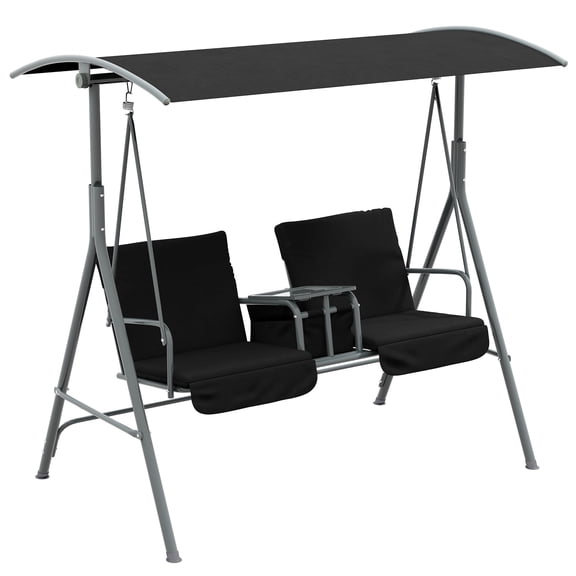 2-Person Freestanding Outdoor Porch Swing With Black Canopy And Cushions