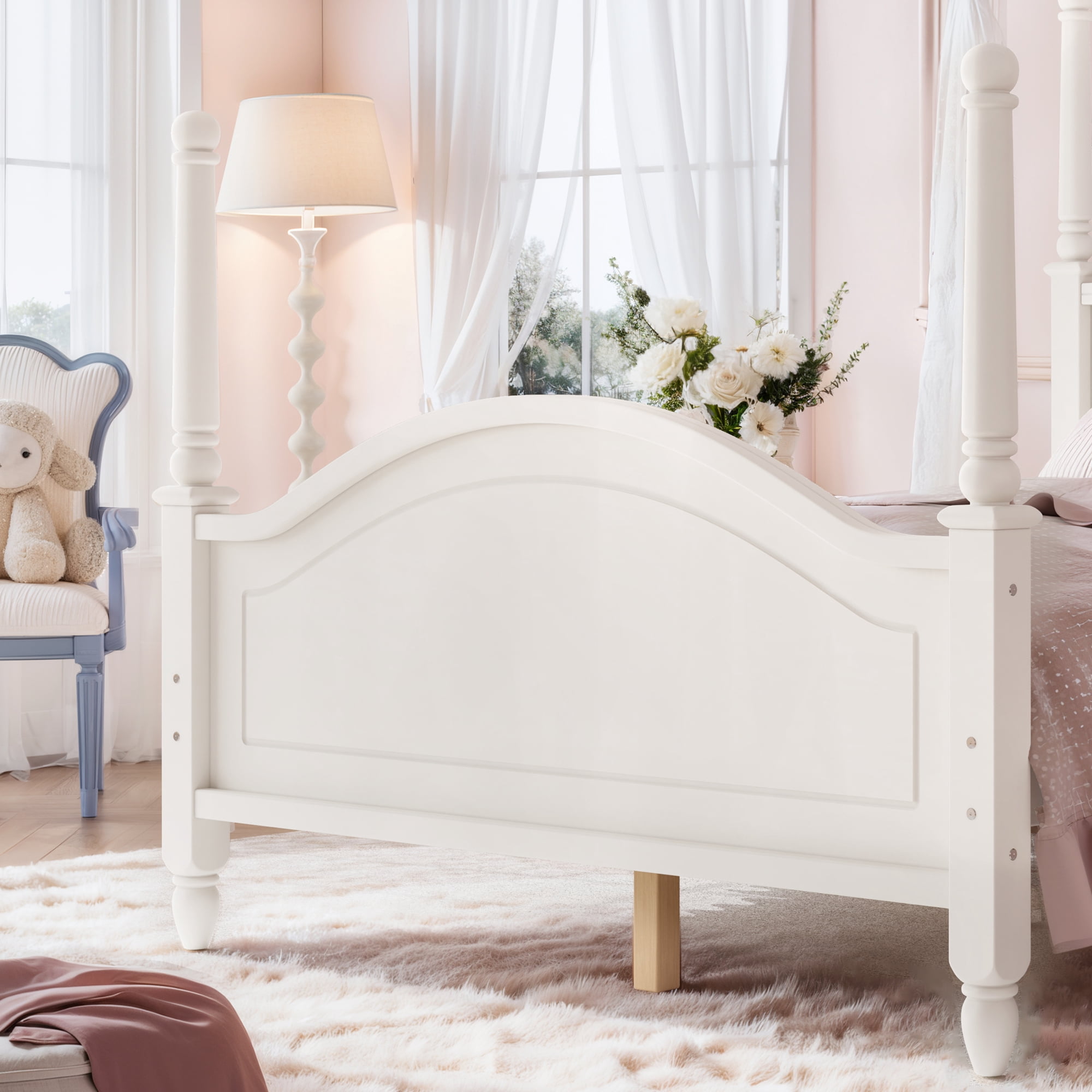GARITIN Full Size Crown Shaped Platform Bed, Four Poster Wooden Bed Frame, Elegant Curved Headboard Bed Frame for Bedroom Guest Room, Beige