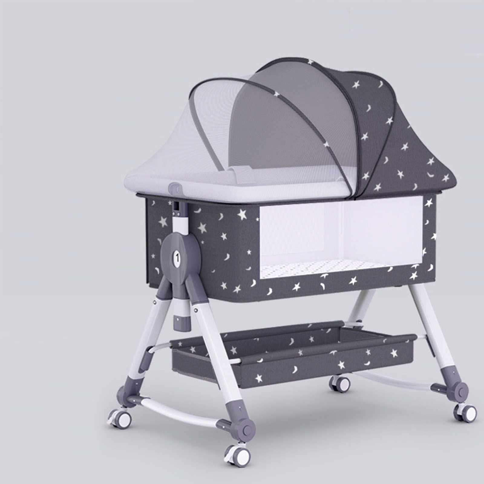 SLLINGLUO Baby Bassinet with Wheels, 5-Level Height Adjustable Folding Bedside Crib, Gray Starry Sky