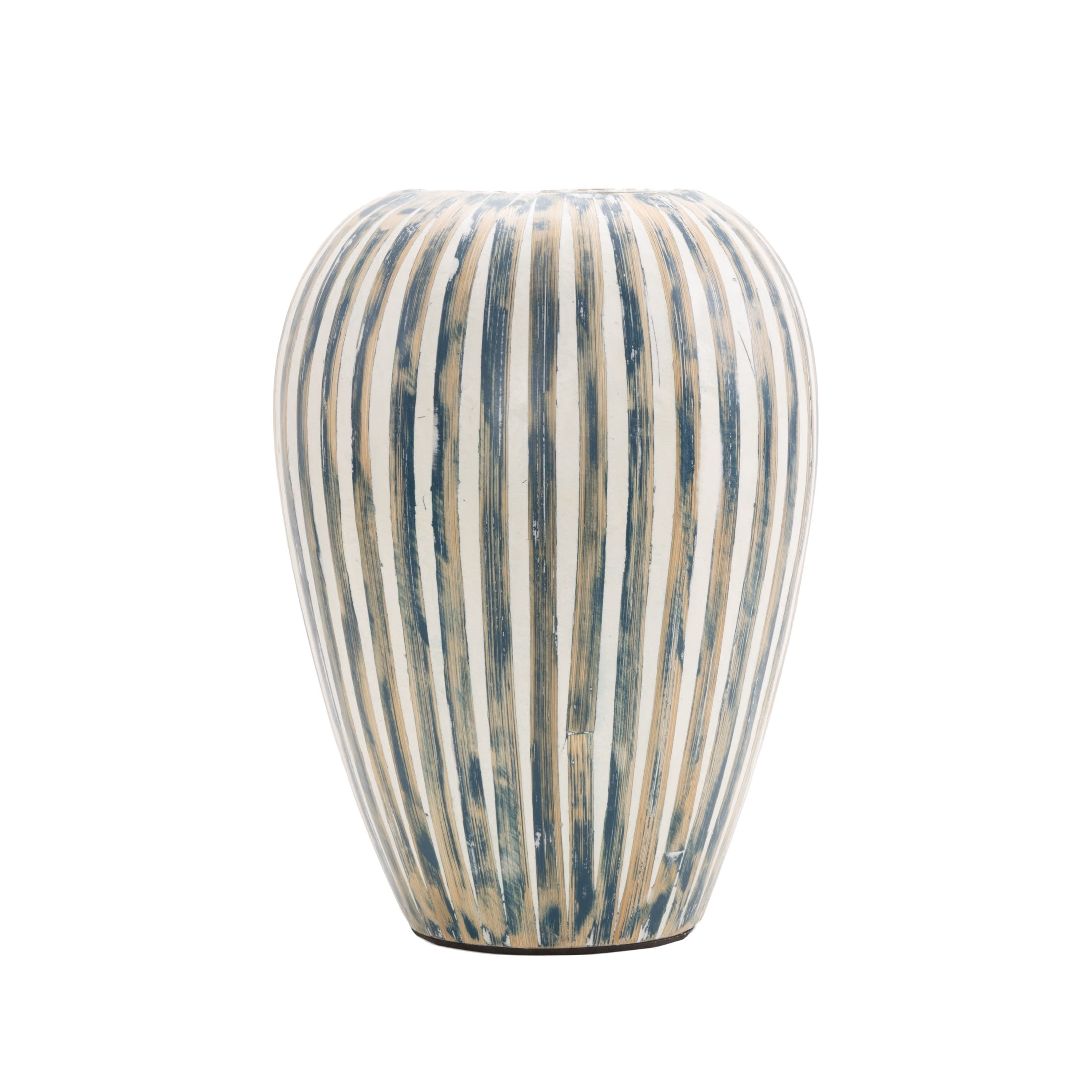 DecMode 14" Brushed Blue Bamboo Wood Vase with Cream Accents and White Stripes